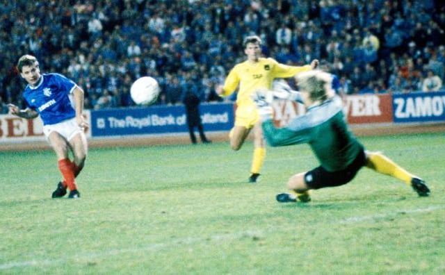 He jokes  he wasn't so familiar with the UEFA Cup but his second goal also came in the competition, against Finnish goalkeeper Mika  Malinen in an Ibrox rout.