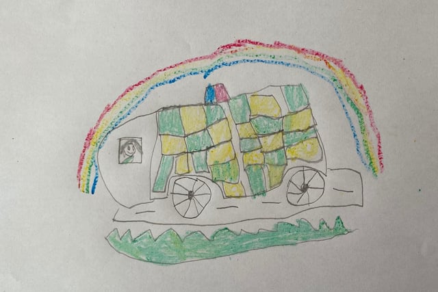 Judge Katherine Renton says: 'Shona has drawn a very detailed picture of an ambulance, and she has looked very carefully at a real ambulance to get the colours right. She has shown the ambulance travelling on an emergency to help someone, with a rainbow above it to symbolise hope and protection for the patients, and for our NHS staff. Shona has put a lot of thought into this excellent picture.'