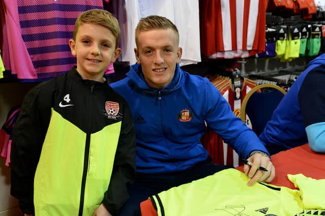 What a moment for Noel Cambell-McGinn (8) as he meets Jordan Pickford in 2016.