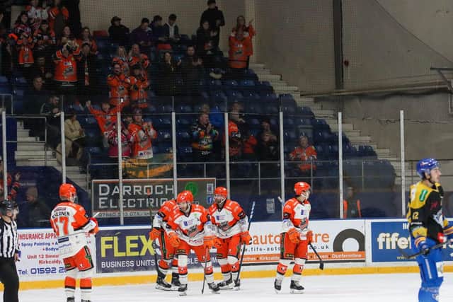 Robert Dowd scores in front of the ttravelling Steelers fans  at Fife
