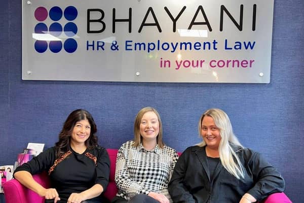 Pic caption: Managing director Jay Bhayani, left, with charity engagement partner Charlotte Swinhoe, centre, and Phoebe Davies, HR advisor, right.