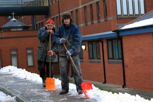 Doncaster Royal Infirmary staff working hard to clear the hospital's car parks of snow in 2010