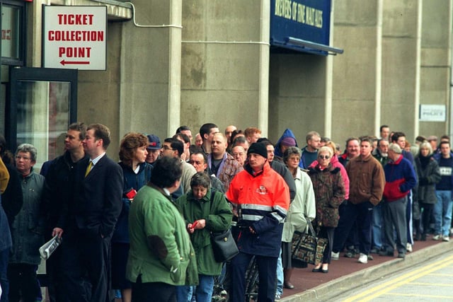 Fans line up for tickets for the FA Cup quarter-final replay with Coventry in March 1998