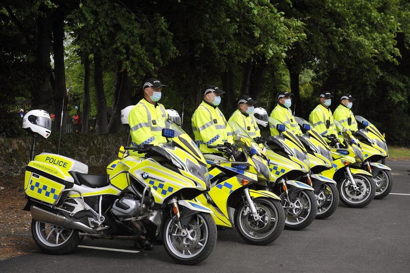 Police Scotland motorbike outriders wait for The Princess Royal to arrive (Pic:  Michael Gillen)