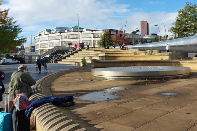The water feature next to the Cutting Edge steel fountain outside Sheffield railway station is currently switched off.