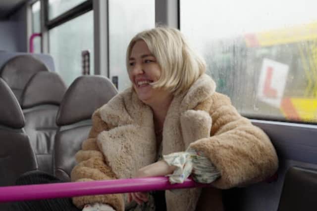 Big name pop star Self Esteem took a bus for a drive round Sheffield – and feared she’d wrecked it! She is pictured on the bus which carries her picture.