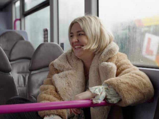 Big name pop star Self Esteem took a bus for a drive round Sheffield – and feared she’d wrecked it! She is pictured on the bus which carries her picture.