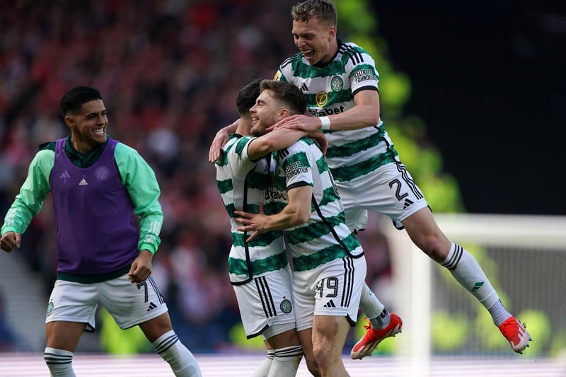Celtic's James Forrest (centre) is mobbed by team-mates after scoring to make it 2-1 against Aberdeen.