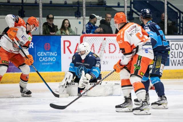 Sheffield Steelers attack Coventry's goal at the Arena on Saturday night. Picture: Dean Woolley