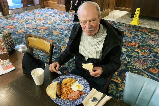 Ron Moralee, 72, after being served with his breakfast at the Cooper Rose. Cheers Ron!
