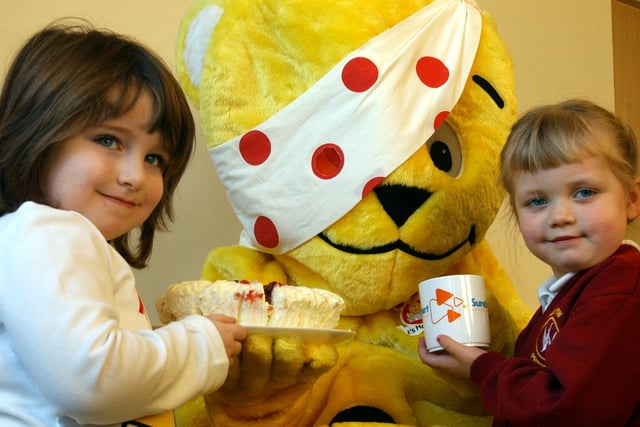 Pudsey Bear takes a well-earned break at the SureStart Primrose parent and toddler group in 2007, where children made sure he got to enjoy tea and cake.
