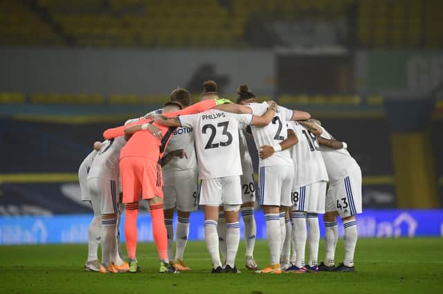 Leeds United players huddle ahead of the Premier League match between Leeds United and West Ham United at Elland Road.