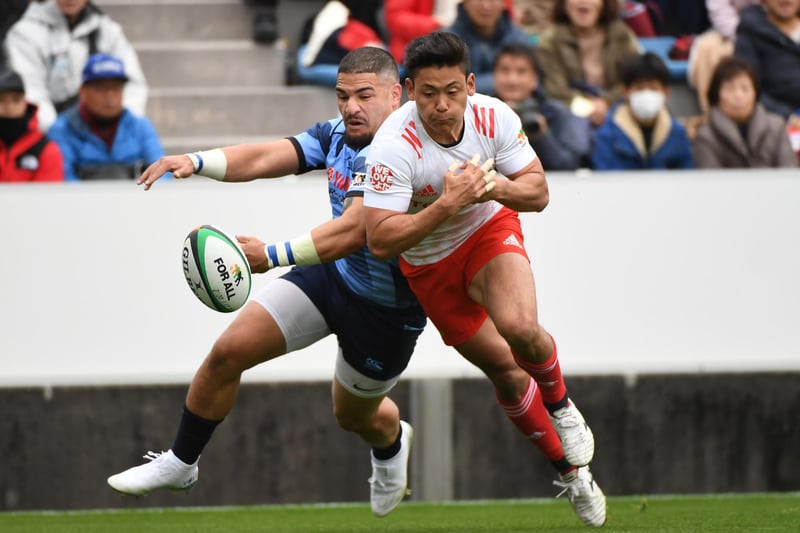 Sione Tuipulotu, pictured left in action for Yamaha Jubilo against Toyota Verblitz in the Japanese Top League, is 24 and qualifies for Scotland through his Glaswegian grandmother. The Aussie-born back will join Glasgow Warriors in the summer. He played previously for Melbourne Rebels in Super Rugby before moving to Japan.