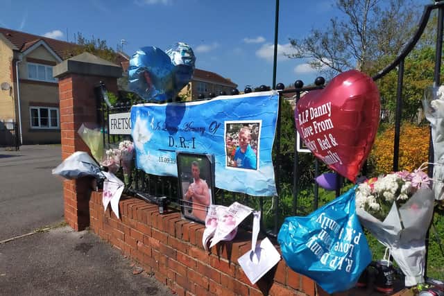 A memorial to Danny left at the entrance to Fretson Green on the one year anniversary of his death.
