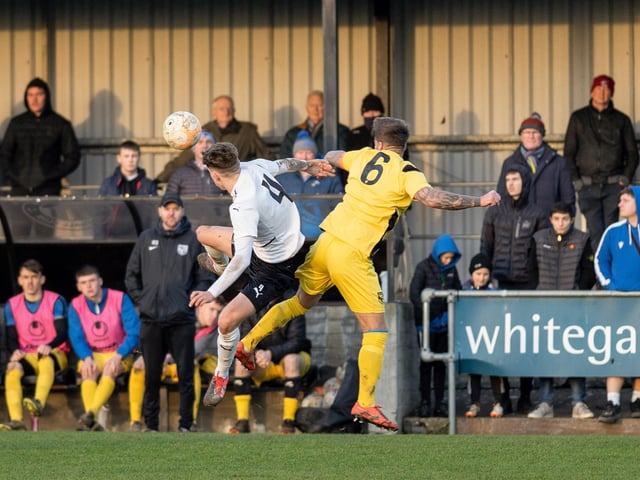 Action from Heanor Town v Selston at the Town Ground on Monday.