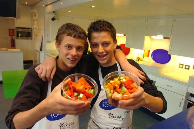 Joe Foster and Zach Gould, with their salad, on the Cookery Bus, at Tapton School, Sheffield in 2007