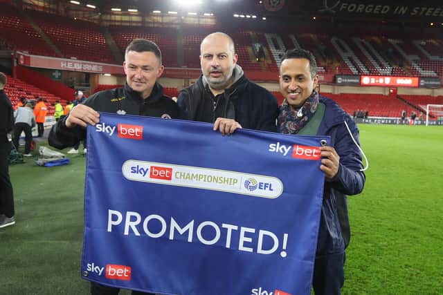 Sheffield United manager Paul Heckingbottom (left) with Prince Abdullah (centre) and Abdullah Alghamdi of United World: Simon Bellis / Sportimage