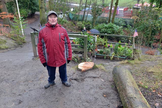 Tony Foulds at the Mi Amigo Memorial where the council had chopped down an American Oak tree. 