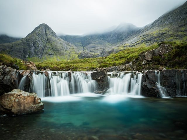 Found at the foot of the Black Cuillin Mountains, the Fairy Pools are a natural waterfall phenomenon which boast crystal clear water that's popular amongst wild swimmers who are brave enough to face the cold water