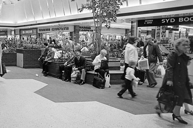 Mansfield's Four Seasons Shopping Centre in 1980 - at a time when the shopping centre was fairly new and was busy with shoppers on a daily basis.