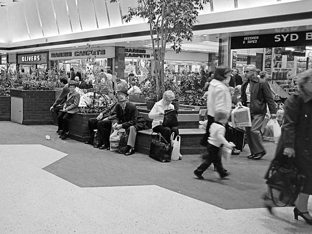 Mansfield's Four Seasons Shopping Centre in 1980 - at a time when the shopping centre was fairly new and was busy with shoppers on a daily basis.