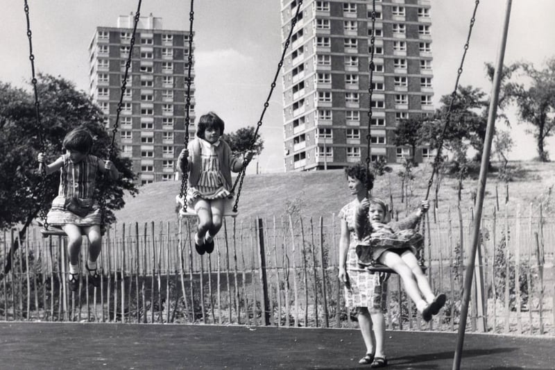 Children in a playground at Herdings, Sheffield, in 1969.