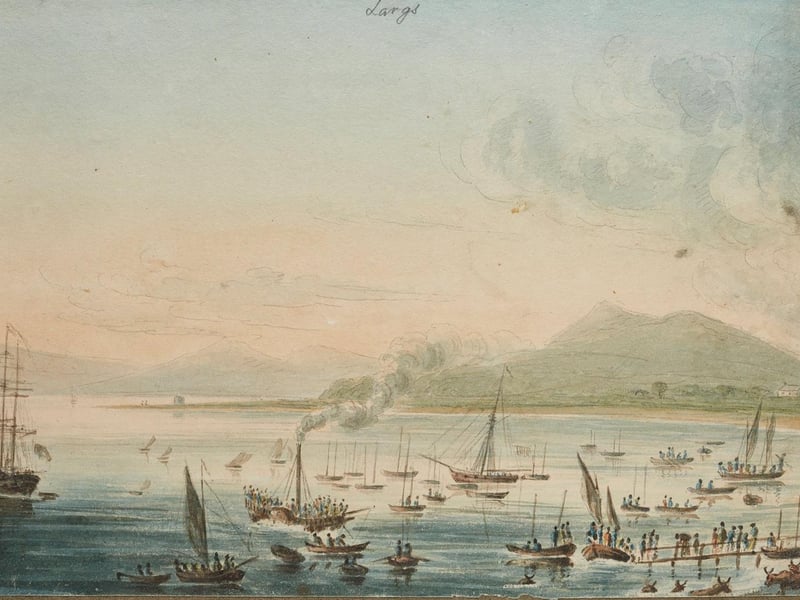 Largs two halves of a double page illustration of Comb’s Day in Largs, one of Largs’s most important calendar events, comprising a party lasting several days, playing sports and dancing, probably around 1818