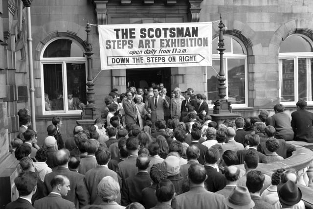 British film and stage actor Laurence Harvey declares The Scotsman Steps Art Exhibition open on North Bridge in August 1966