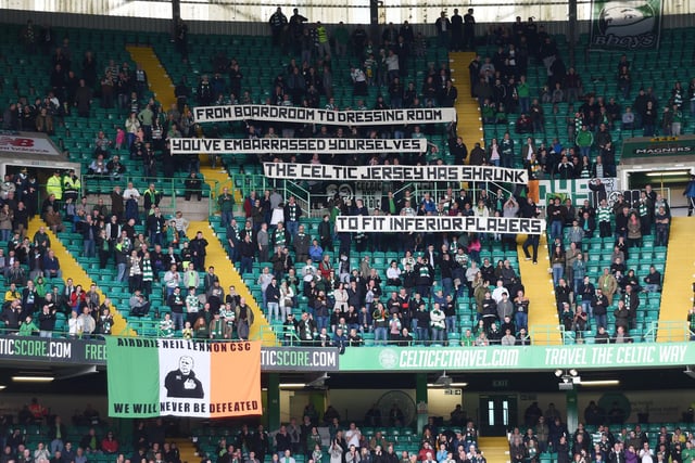 At an April 2016 match shortly after a Scottish Cup semi-final defeat by Rangers, Celtic fans hold up a banner reading: "From board room to dressing room, you've embarrassed yourselves. The Celtic jersey has shrunk to fit inferior players."