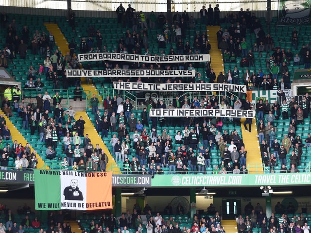 At an April 2016 match shortly after a Scottish Cup semi-final defeat by Rangers, Celtic fans hold up a banner reading: "From board room to dressing room, you've embarrassed yourselves. The Celtic jersey has shrunk to fit inferior players."