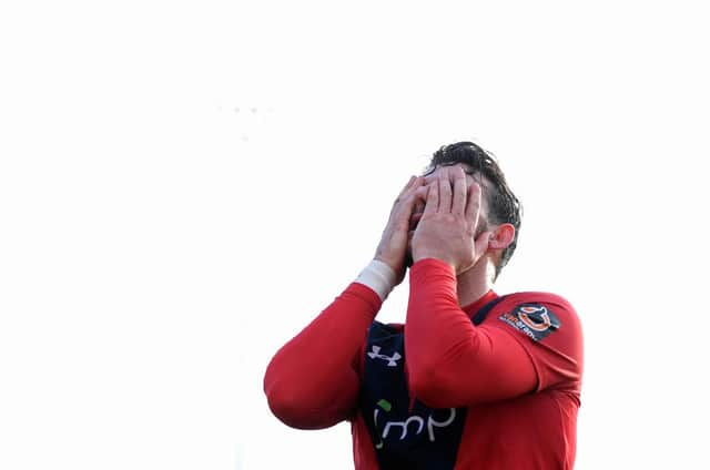Sean Newton of York City reacts during the FA Cup First Round match between York City and Altrincham at Bootham Crescent on November 10, 2019 in York, England. (Photo by George Wood/Getty Images)