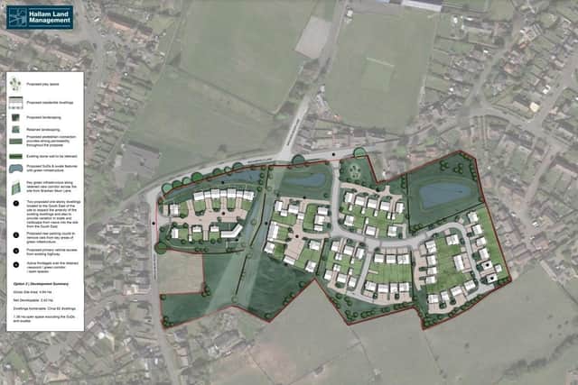 An illustration of plans submitted to Sheffield City Council to build 92 homes on land off Hollin Busk Lane, Stocksbridge - the same firm applied to build 75 houses on the site as well, which would see the houses on the left omitted