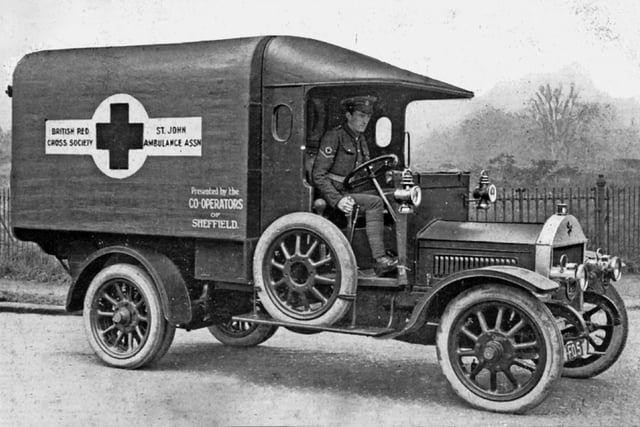 This World War One ambulance was presented as a joint gift by the members of the Sheffield and Ecclesall and Brightside and Carbrook Co-operative Societies, 4th November, 1915. Cost £556.