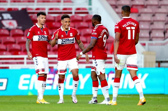 Middlesbrough players celebrate after scoring against Shrewsbury in the Carabao Cup.