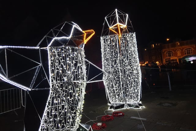 The pair of giant light-up penguins stationed on Market Place