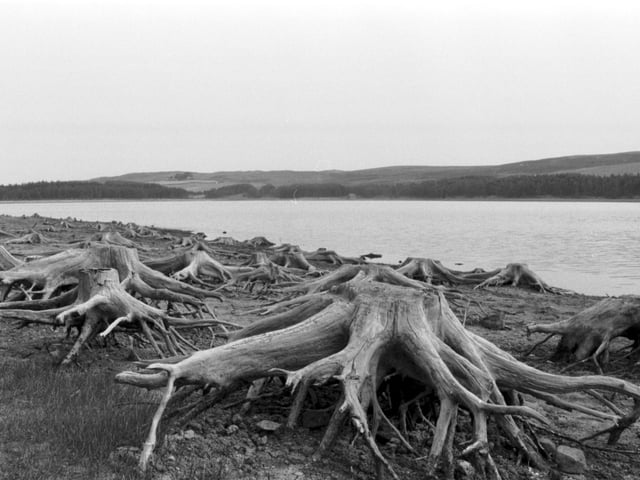 Alemoor reservoir near Hawick, July 1989. Water levels had receded following drought that summer.