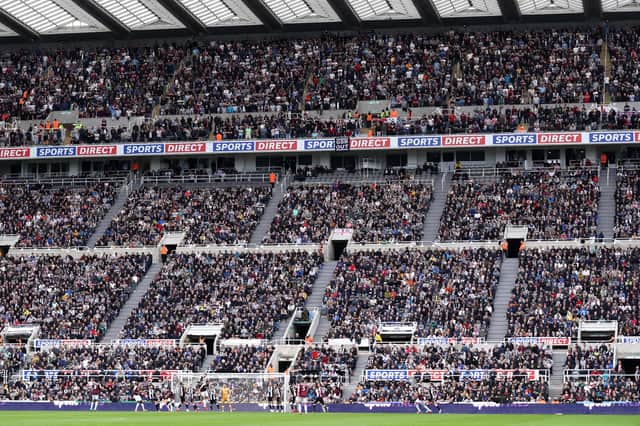 NEWCASTLE UPON TYNE, ENGLAND - AUGUST 15: A general view inside the stadium as fans watch on during the Premier League match between Newcastle United  and  West Ham United at St. James Park on August 15, 2021 in Newcastle upon Tyne, England. (Photo by George Wood/Getty Images)