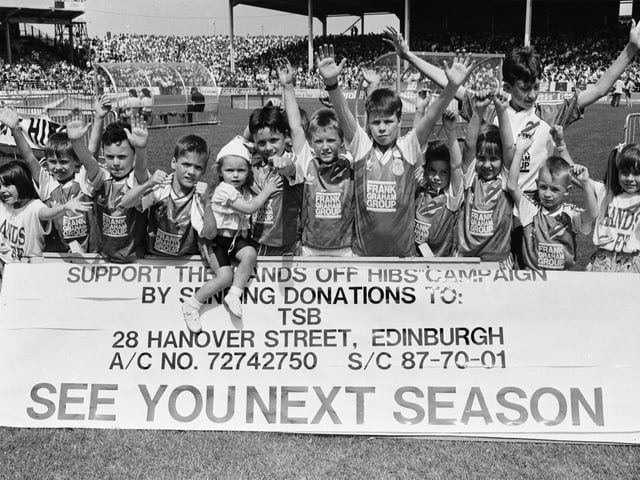 Young fans at the Hands Off Hibs rally at Easter Road on 9 June 1990.