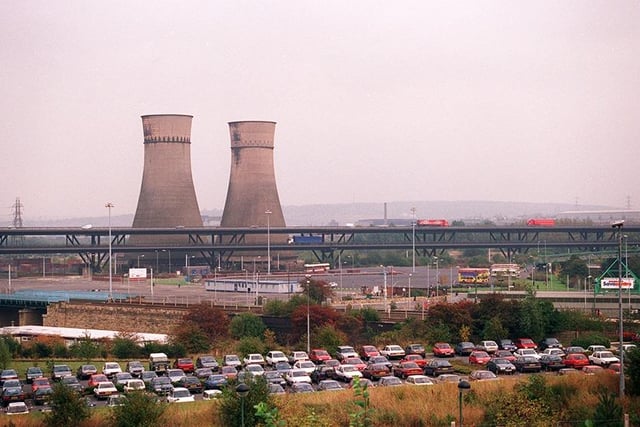 A view of the Tinsley Viaduct and cooling towers, October 1996