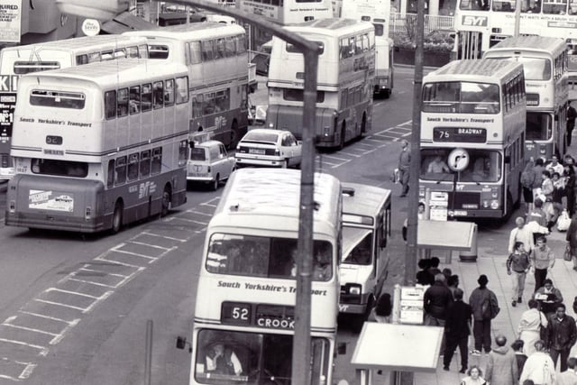 A busy Sheffield city centre in 1987. 