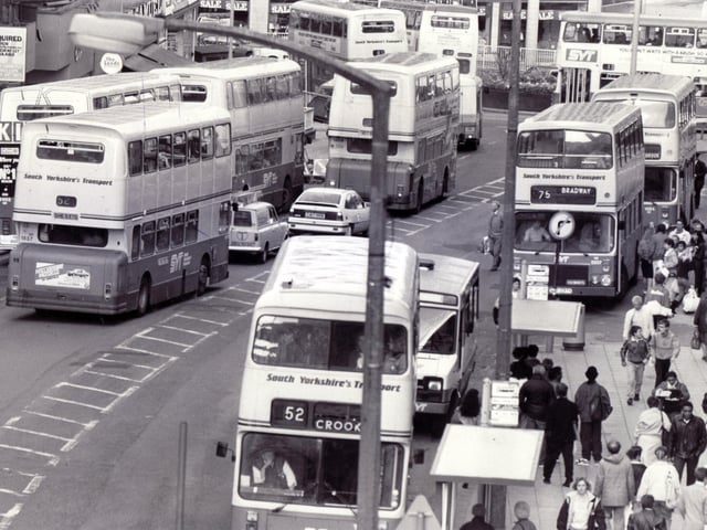 A busy Sheffield city centre in 1987. 