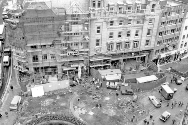Fargate, Sheffield, in 1987, showing Orchard Square shopping centre under construction