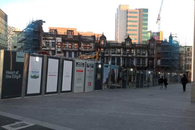 Rear of facades on Pinstone Street revealed by demolition.