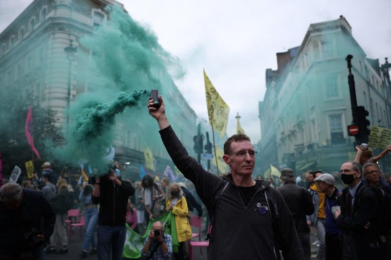 Extinction Rebellion protesters gather in Covent Garden on August 23, 2021 in London, United Kingdom (Photo by Dan Kitwood/Getty Images)