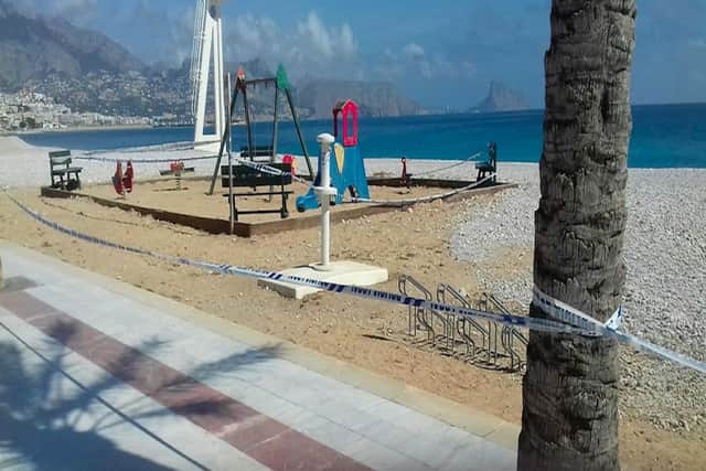 The beachfront in Albir, cordoned off for Spain's Coronavirus lockdown