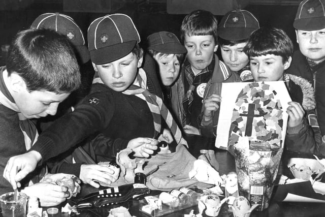 Some of the South Shields district Cub Scouts who took part in an Easter Egg and Easter mosaic competition at the Brownsea Hall in March 1982.