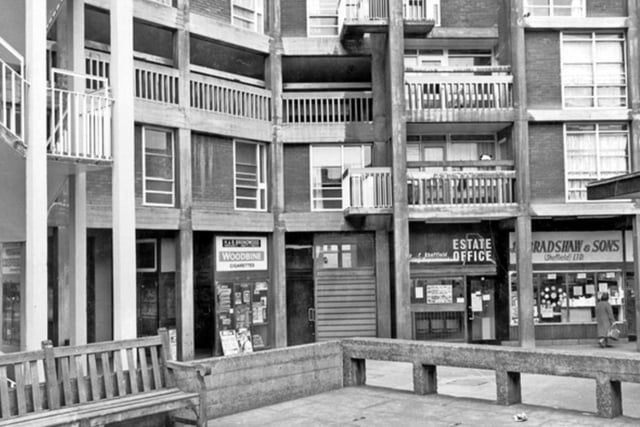 Shops and flats in The Pavement at Park Hill, Sheffield, in June 1985.