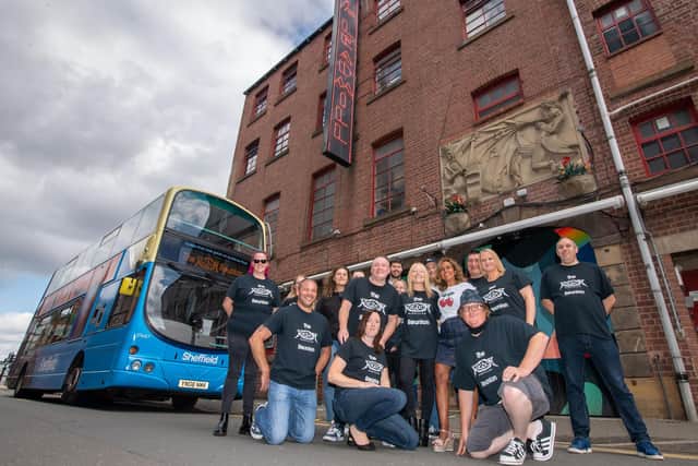 Organisers Martin and Paula Wright with staff and management from First Bus and The Leadmill plus excited clubbers who will be attending the reunion event