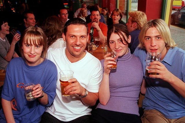 Pictured at the Cavendish Pub, West Street, Sheffield, where young people are seen enjoying a drink. Left to right: Lindsay Fisher, Sean Holden, Lindsey Hara, and Matthew Hounsley, September 1998