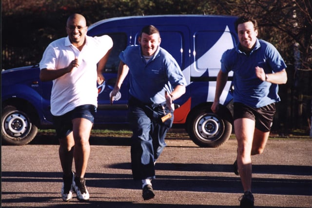 Three British Gas employees raised £600 for a Chesterfield special needs schoo by doing a sponsored run in 2001.From l-r: El Abbass, Tommy Crowley, Alex Sleight  .